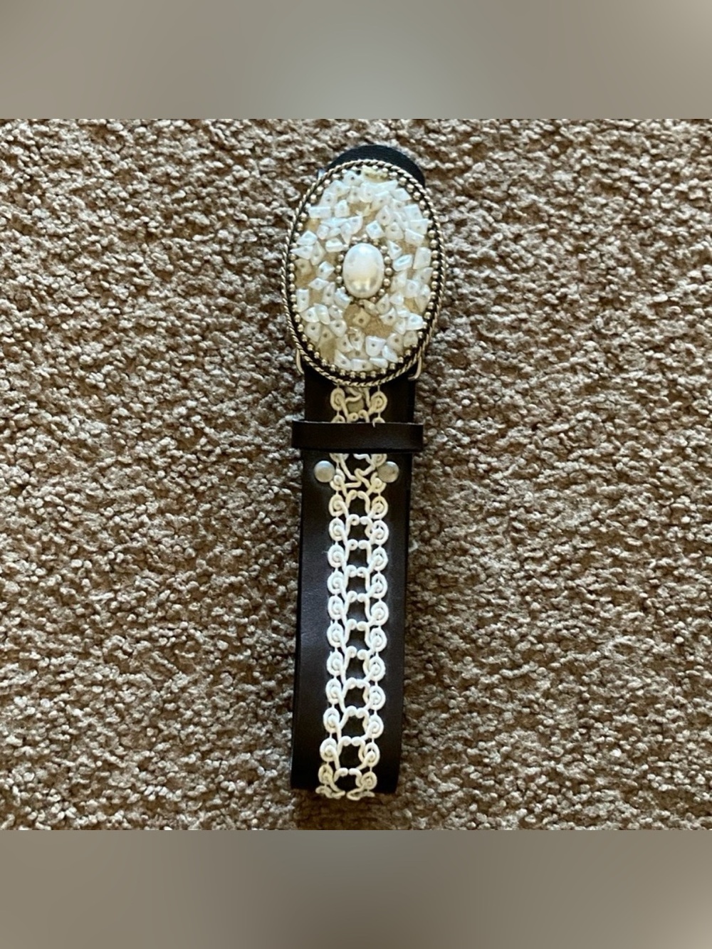 *BRAND NEW* Vintage White Lace Pearl Bead Embellished Western Black Leather Belt